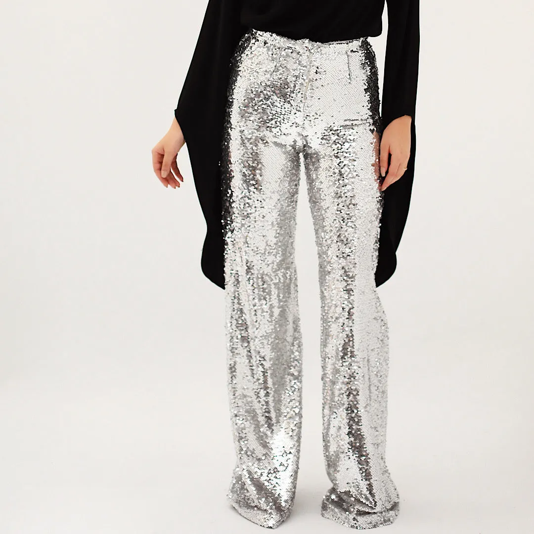 Wide leg silver sequin pants