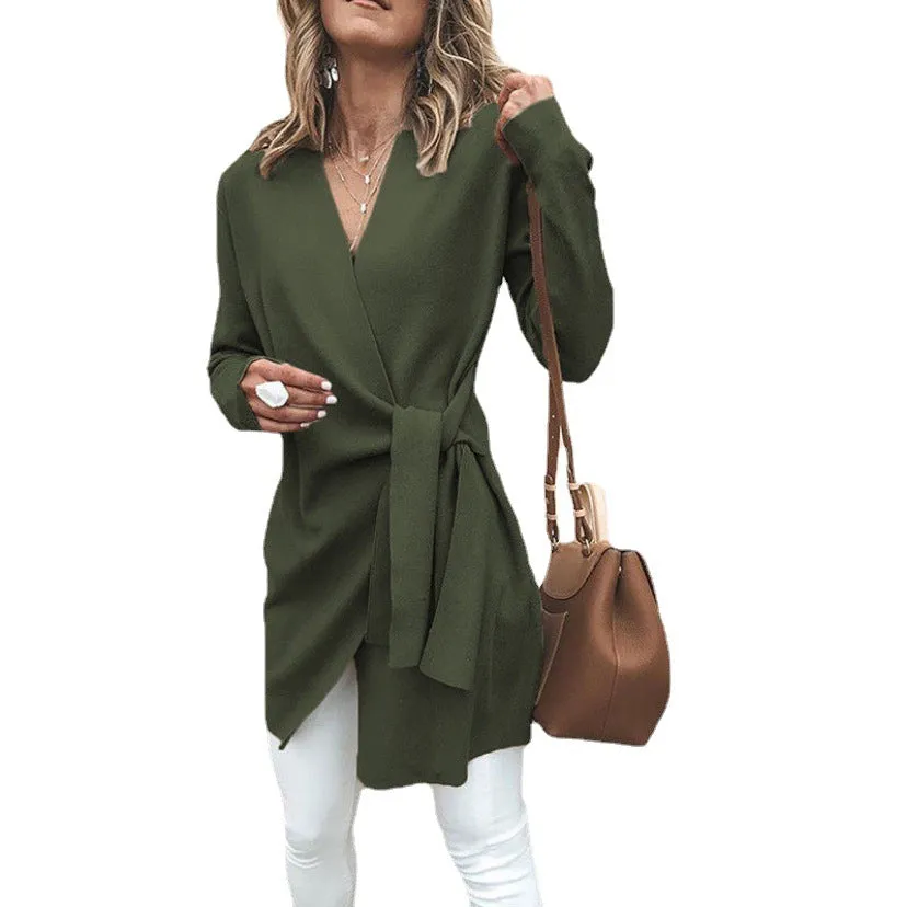 Woolen V-Neck Belted Cardigan Coat