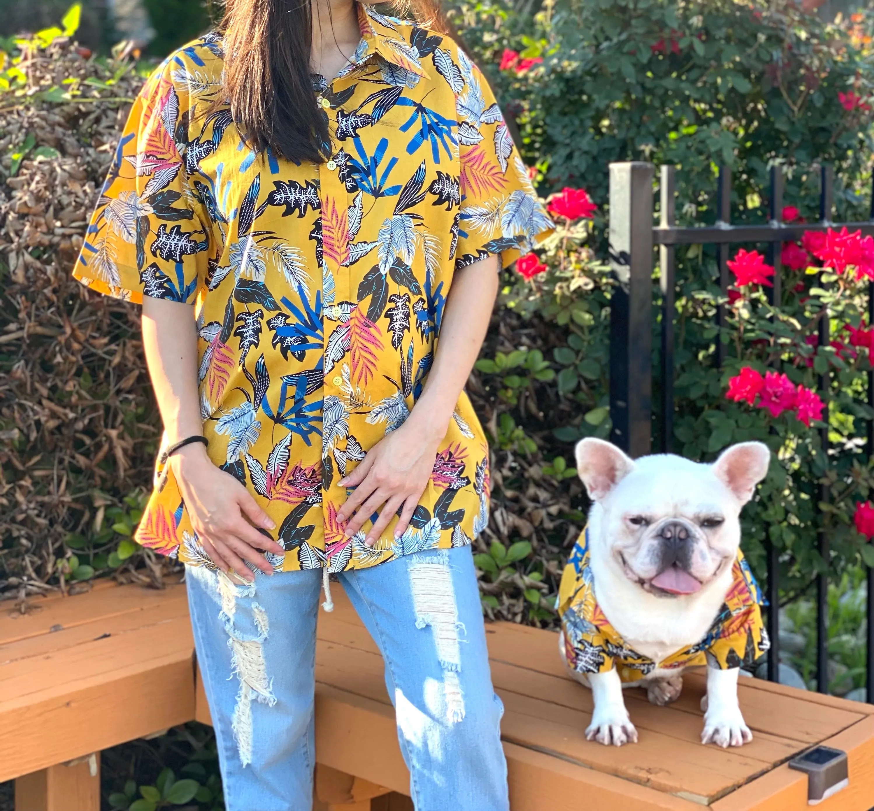 Yellow Mustard Tiki Bars Owner and Pet Matching Button Shirt / Bandana